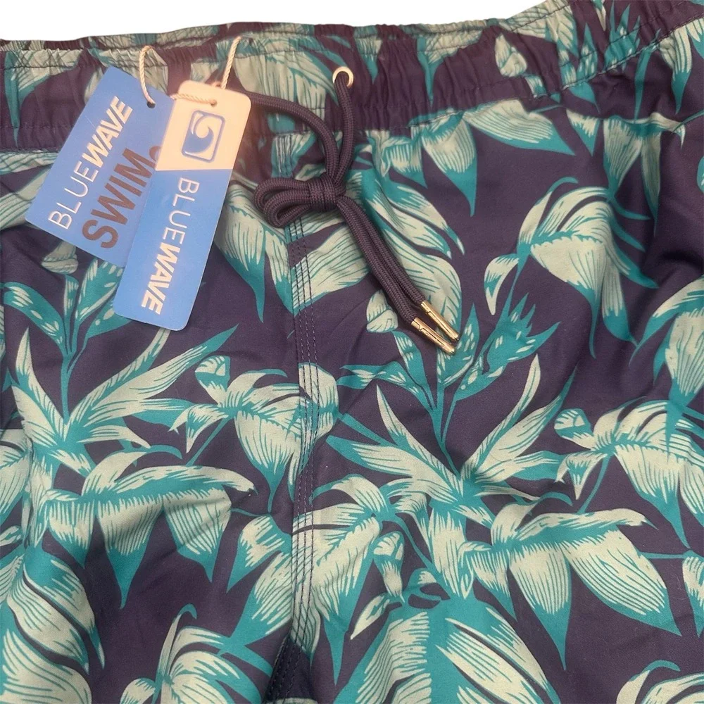 BlueWave Swim Trunks Men XL Blue Tropical Leaf Mesh Lined Drawstring Beach Short